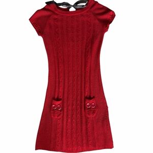 Y2K She’s Cool Red Acrylic Cap Sleeve Sweater Dress with Black and White bow